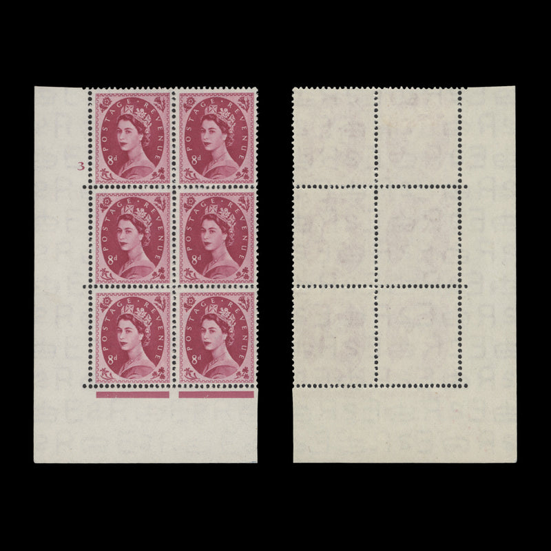 Great Britain 1953 (MLH) 8d Magenta cylinder 3 block, E/I, Tudor crown