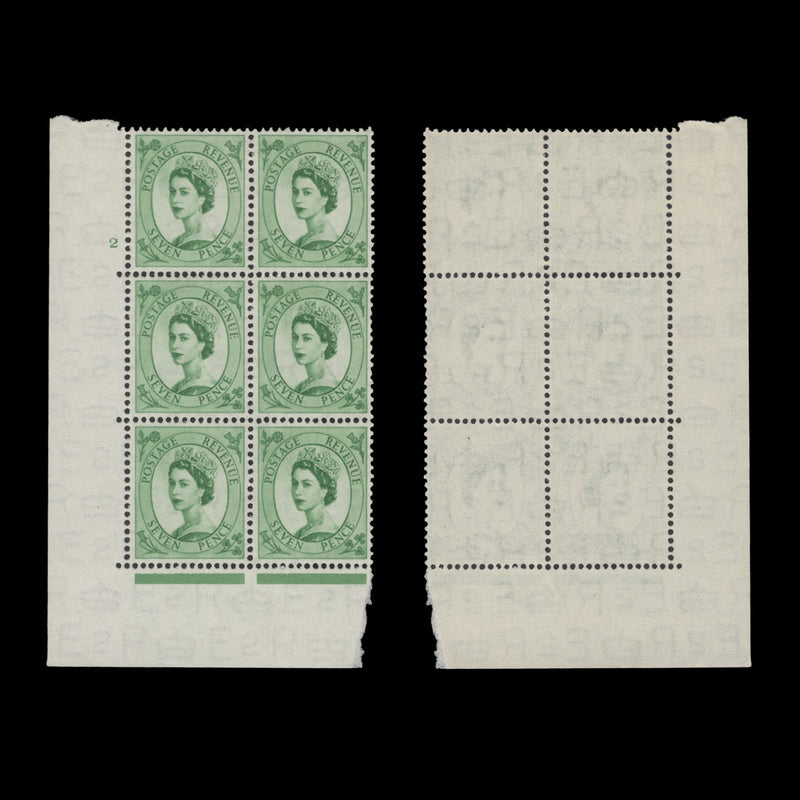 Great Britain 1954 (MLH) 7d Bright Green cylinder 2 block, E/I, Tudor crown