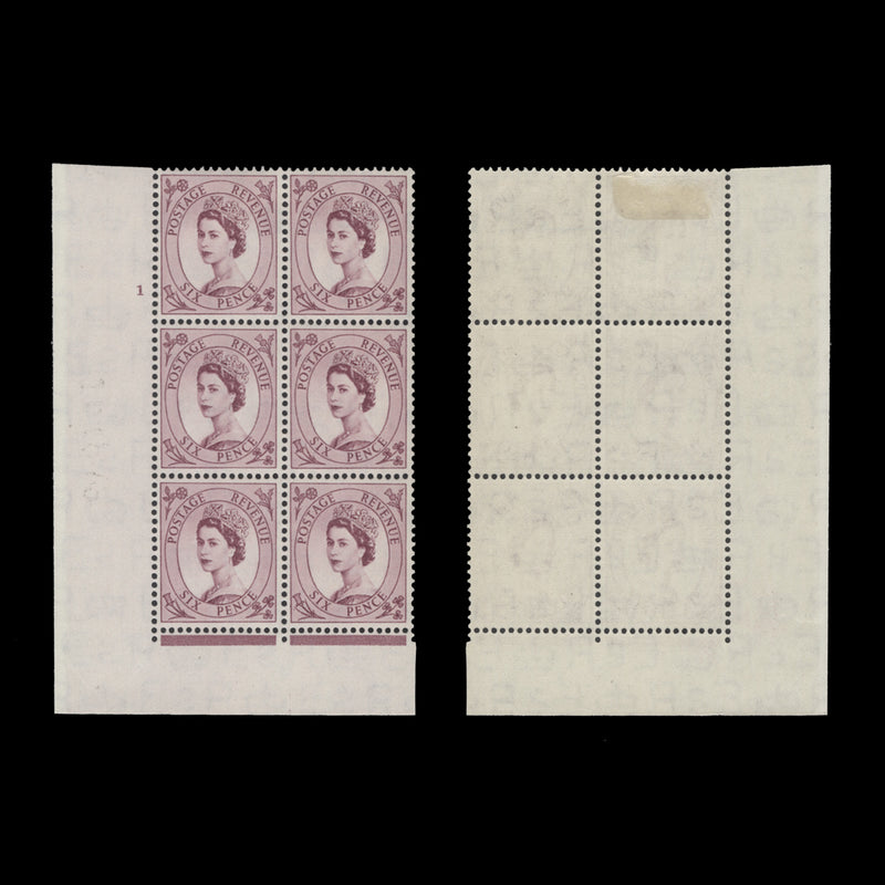 Great Britain 1954 (MLH) 6d Purple cylinder 1 block, I/E, Tudor crown