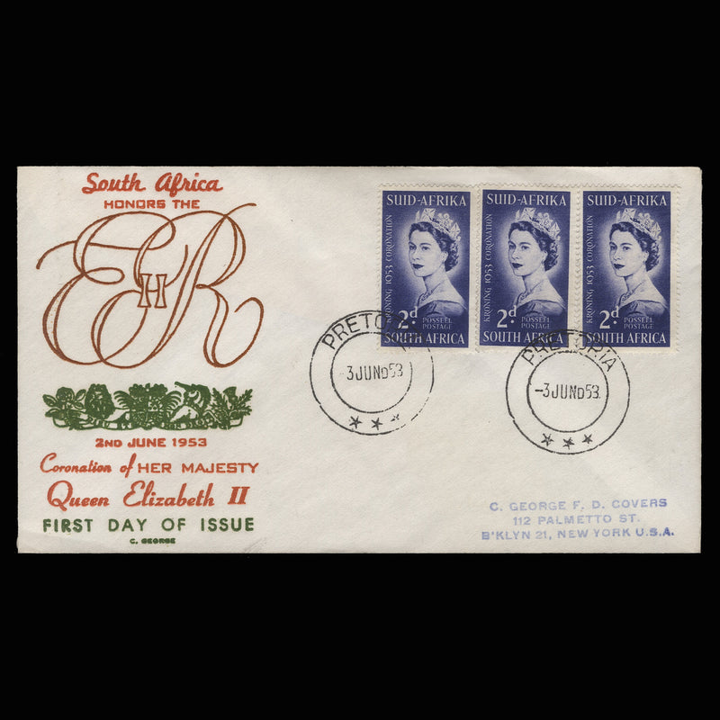 South Africa 1953 (FDC) 2d Coronation strip, PRETORIA