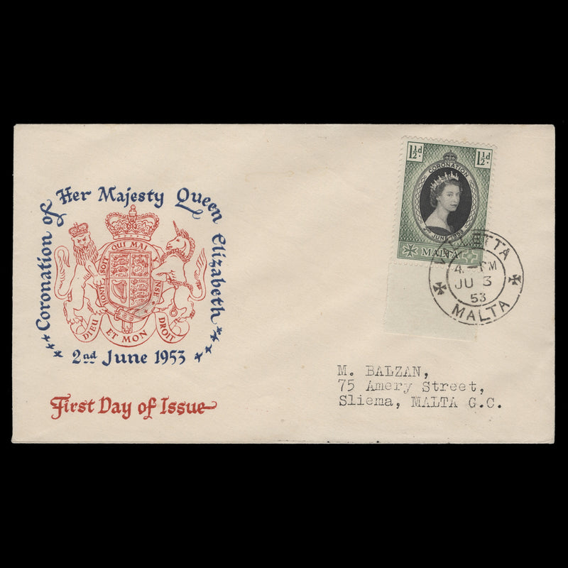 Malta 1953 (FDC) 1½d Coronation, VALLETTA