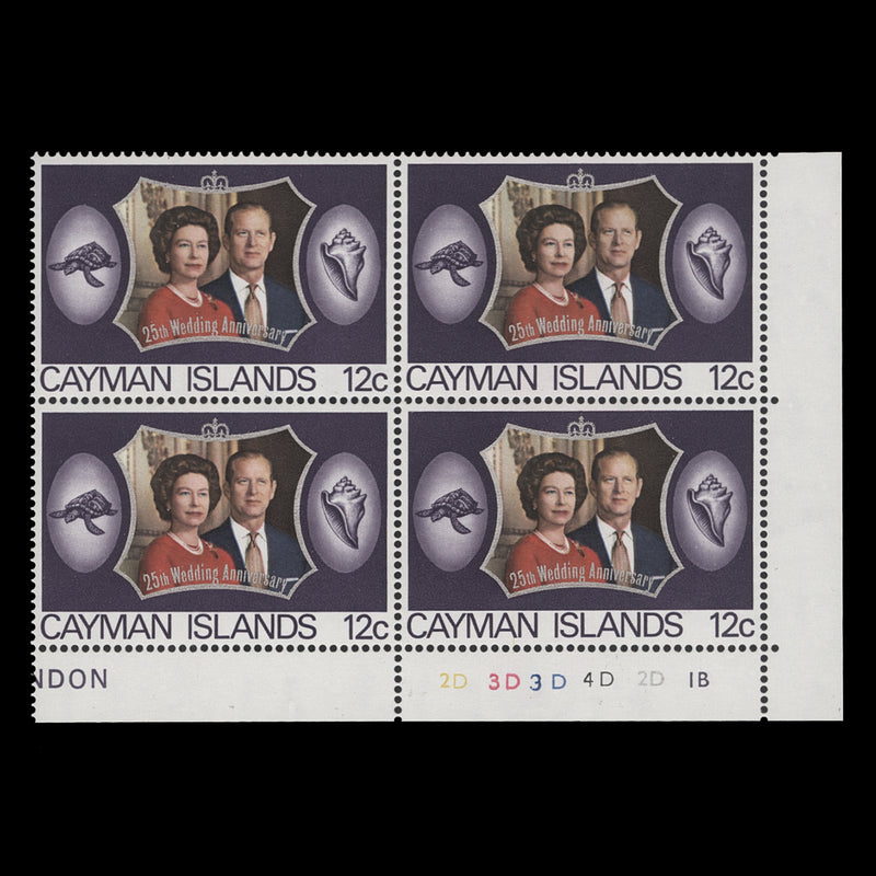 Cayman Islands 1972 (MNH) 12c Royal Silver Wedding plate 2D–3D–3D–4D–2D–1B block