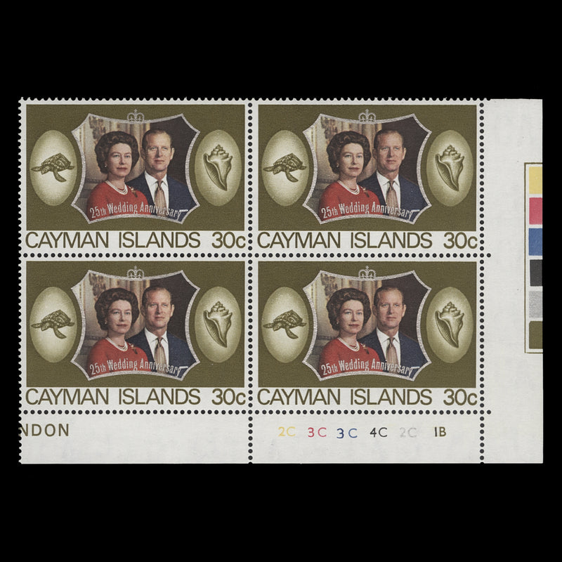 Cayman Islands 1972 (MNH) 30c Royal Silver Wedding plate 2C–3C–3C–4C–2C–1B block