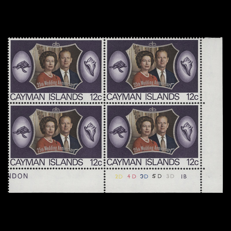 Cayman Islands 1972 (MNH) 12c Royal Silver Wedding plate 2D–4D–3D–5D–3D–1B block