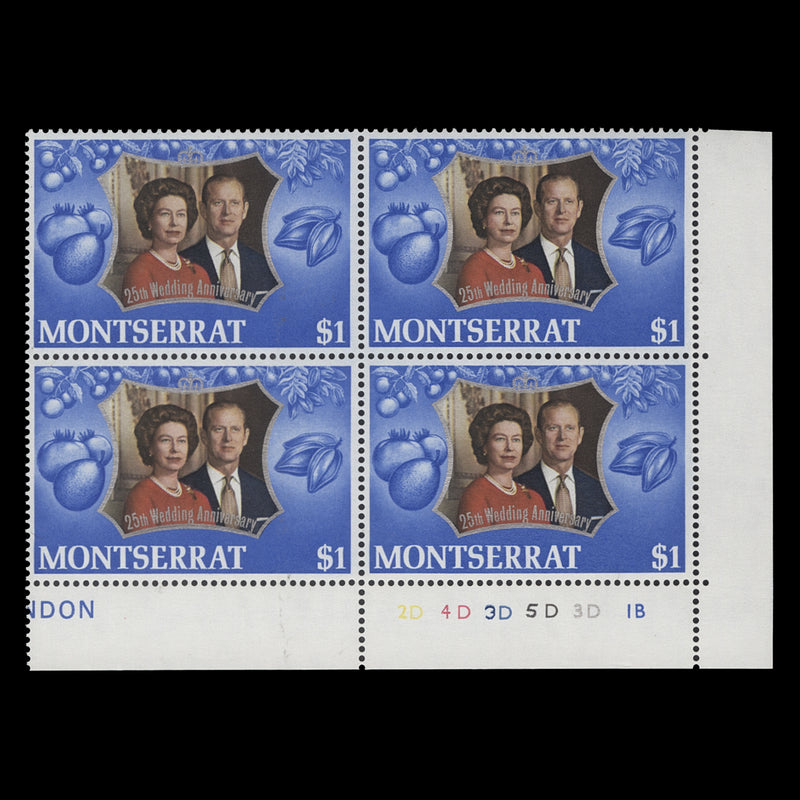 Montserrat 1972 (MNH) $1 Royal Silver Wedding plate 2D–4D–3D–5D–3D–1B block