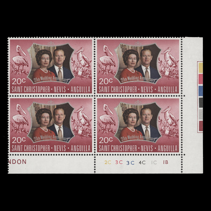 St Christopher Nevis Anguilla 1972 (MNH) 20c Royal Silver Wedding plate block