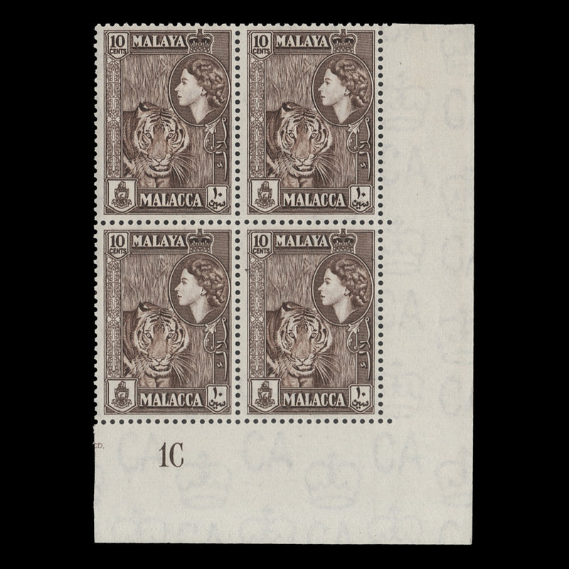 Malacca 1957 (MNH) 10c Tiger plate 1C block