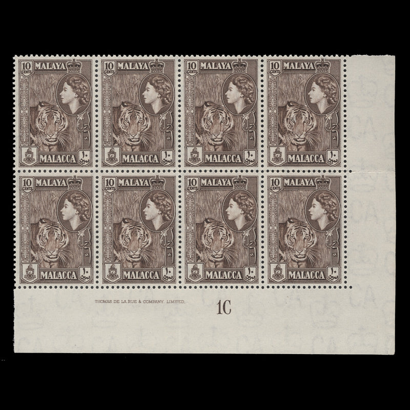 Malacca 1957 (MNH) 10c Tiger imprint/plate 1C block