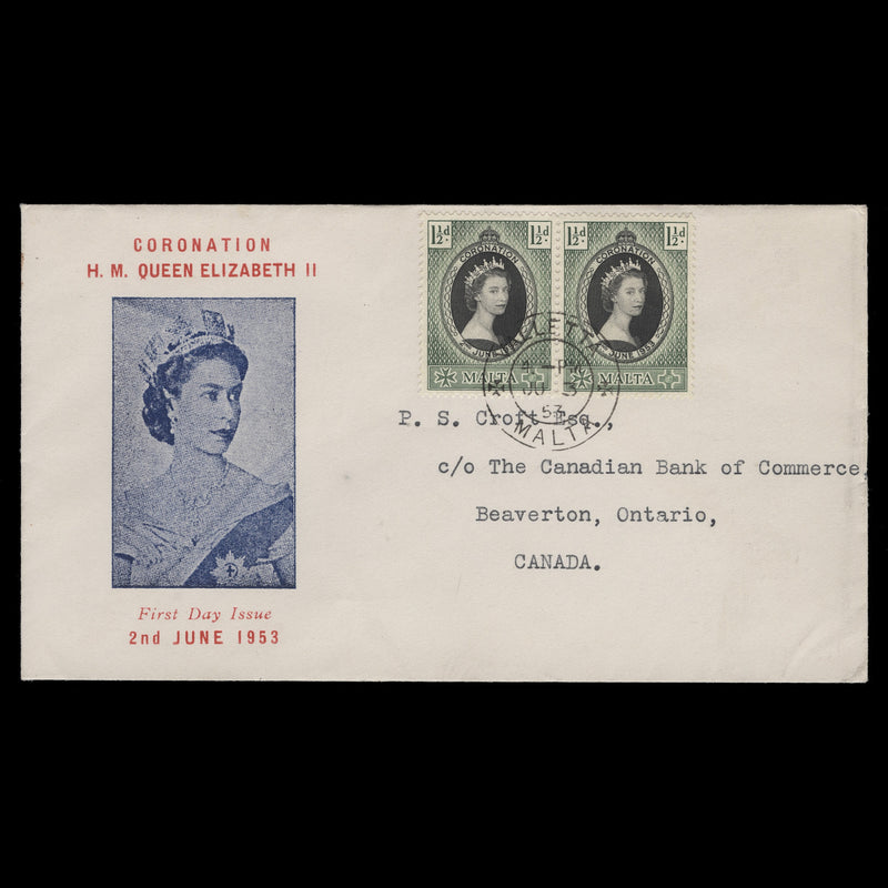 Malta 1953 (FDC) 1½d Coronation pair, VALLETTA