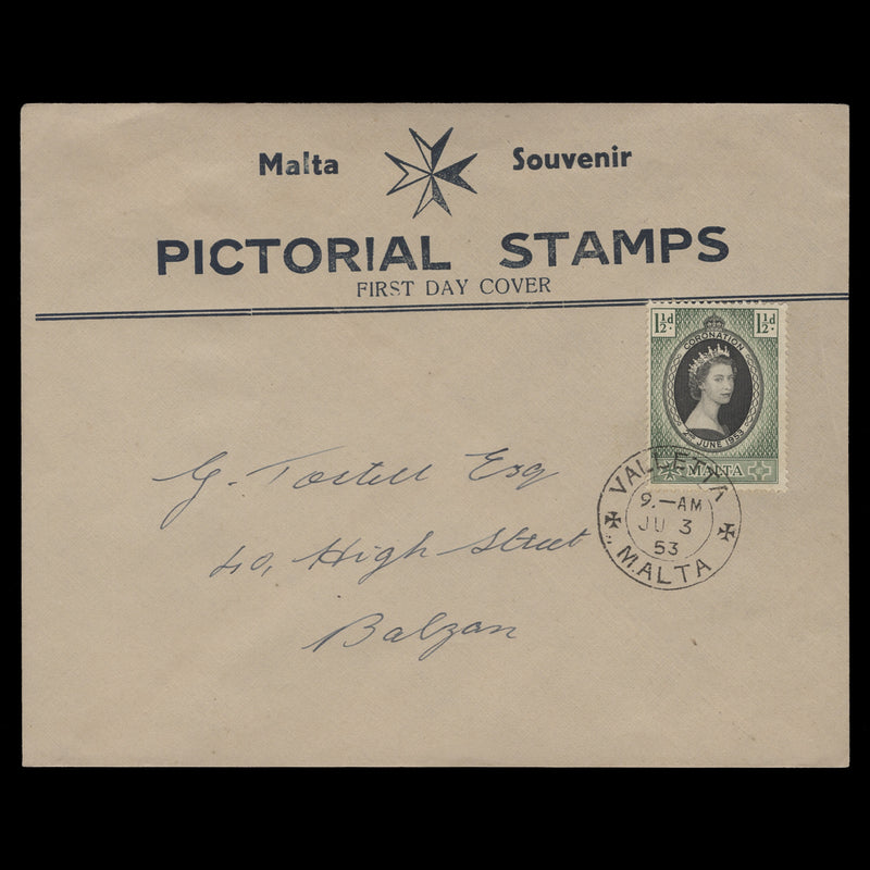 Malta 1953 (FDC) 1½d Coronation, VALLETTA