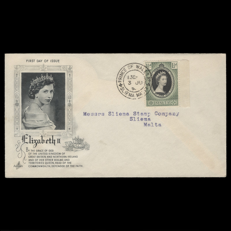 Malta 1953 (FDC) 1½d Coronation, PRINCE OF WALES RD