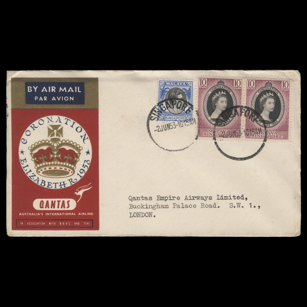 Singapore 1953 Coronation Qantas Airways first day flight cover