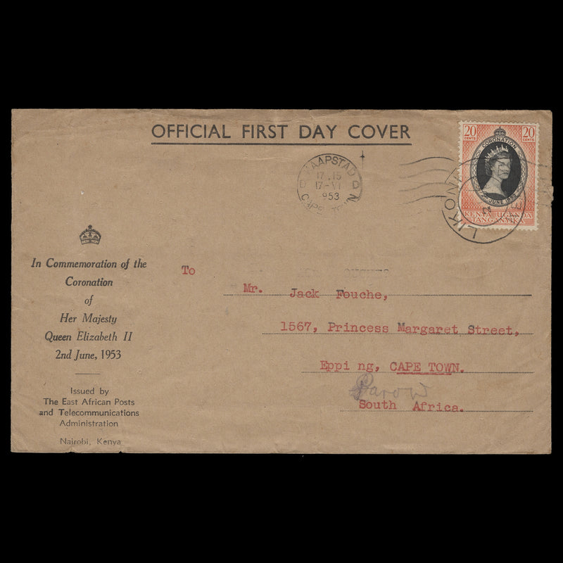 Kenya Uganda Tanganyika 1953 (FDC) 20c Coronation, LIKONI