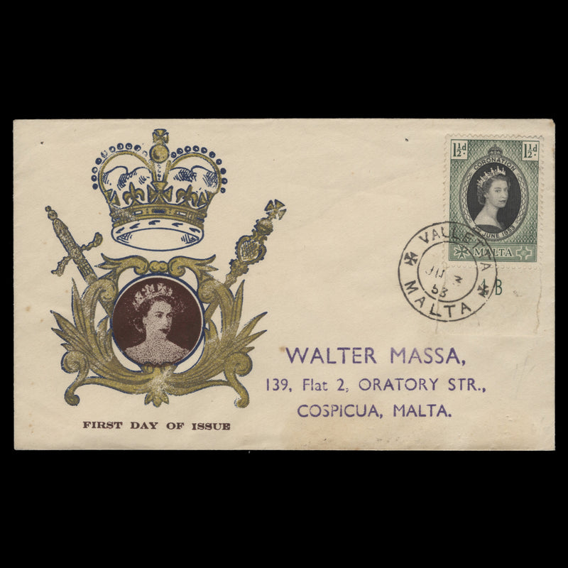 Malta 1953 (FDC) 1½d Coronation, VALLETTA