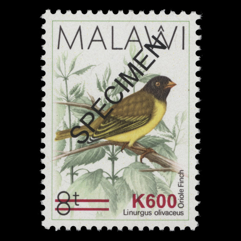 Malawi 2018 (MNH) K600/8t Oriole Finch with SPECIMEN overprint