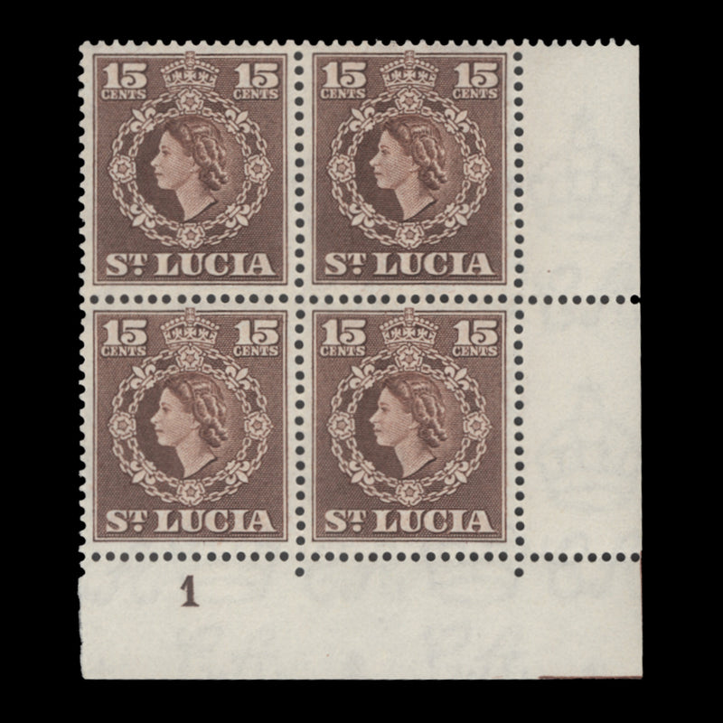 Saint Lucia 1954 (MNH) 15c Red-Brown plate 1 block, Waterlow