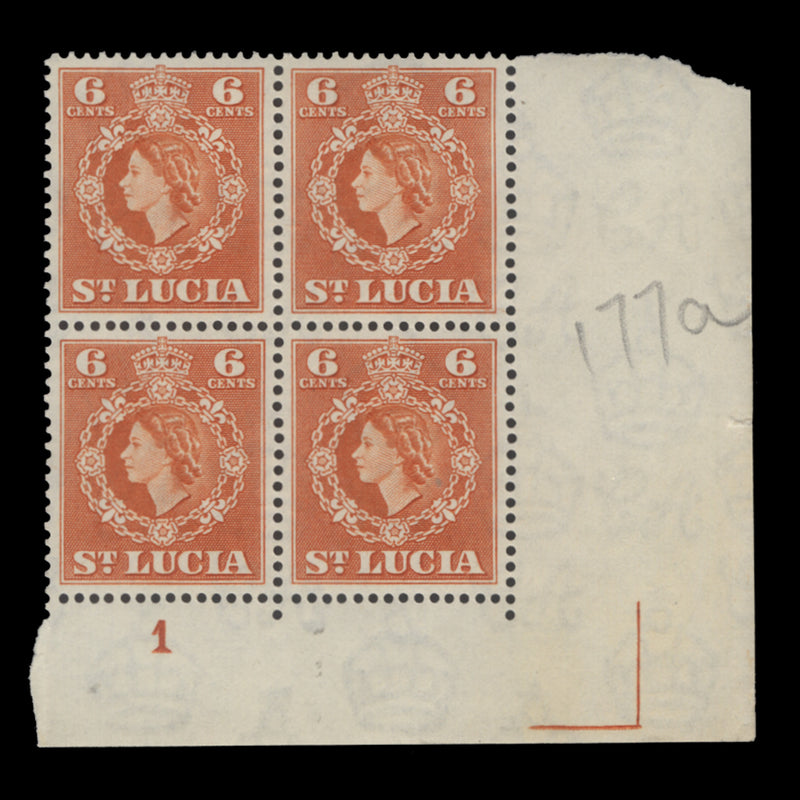 Saint Lucia 1961 (MNH) 6c Brown-Orange plate 1 block, De La Rue