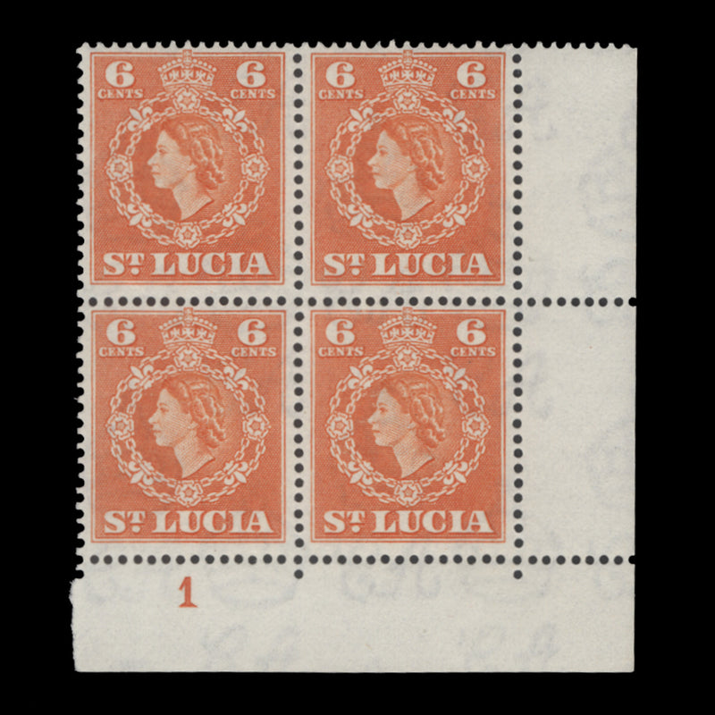 Saint Lucia 1954 (MNH) 6c Orange plate 1 block, Waterlow