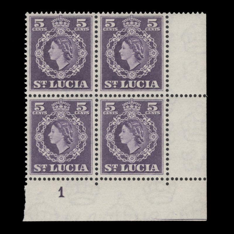 Saint Lucia 1954 (MNH) 5c Violet plate 1 block, Waterlow