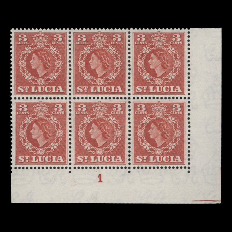 Saint Lucia 1954 (MNH) 3c Red plate 1 block, Waterlow