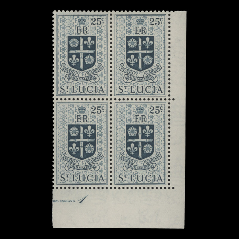 Saint Lucia 1954 (MNH) 25c Deep Turquoise-Blue plate 1 block