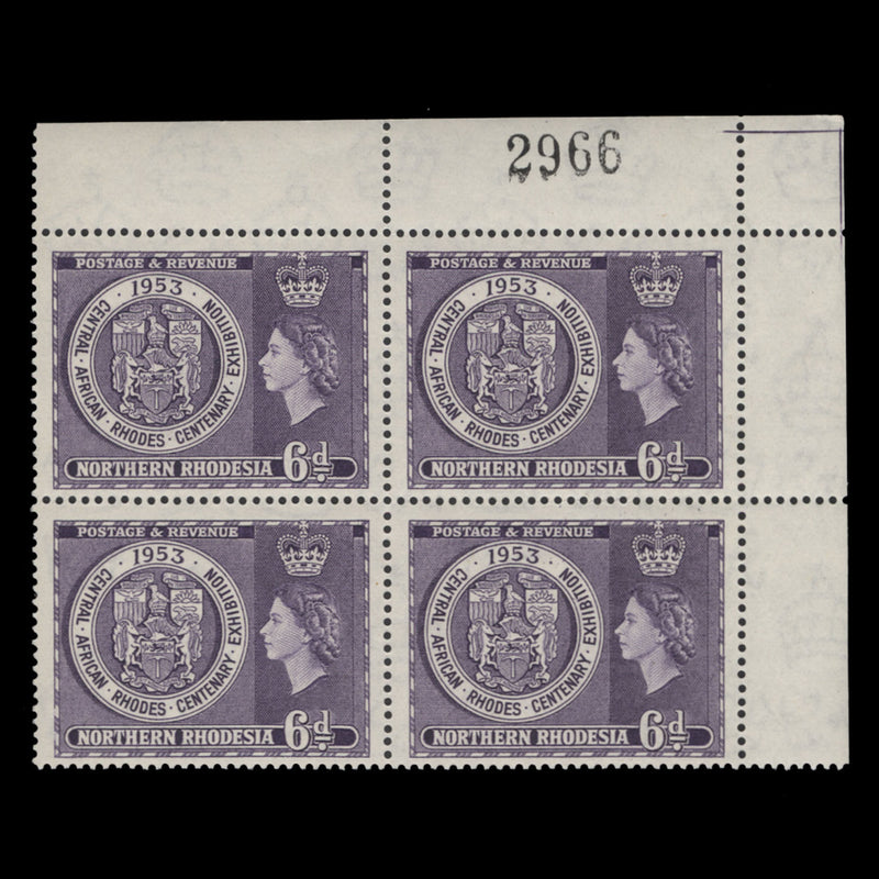 Northern Rhodesia 1953 (MNH) 6d Rhodes Centenary Exhibition sheet number block