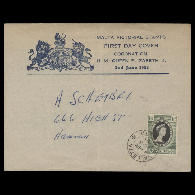 Malta 1953 (FDC) 1½d Coronation, VALLETTA