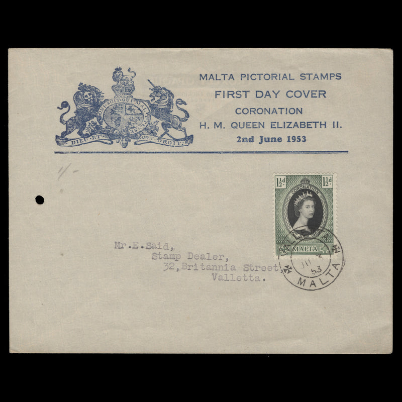 Malta 1953 (FDC) 1½d Coronation, VALLETTA