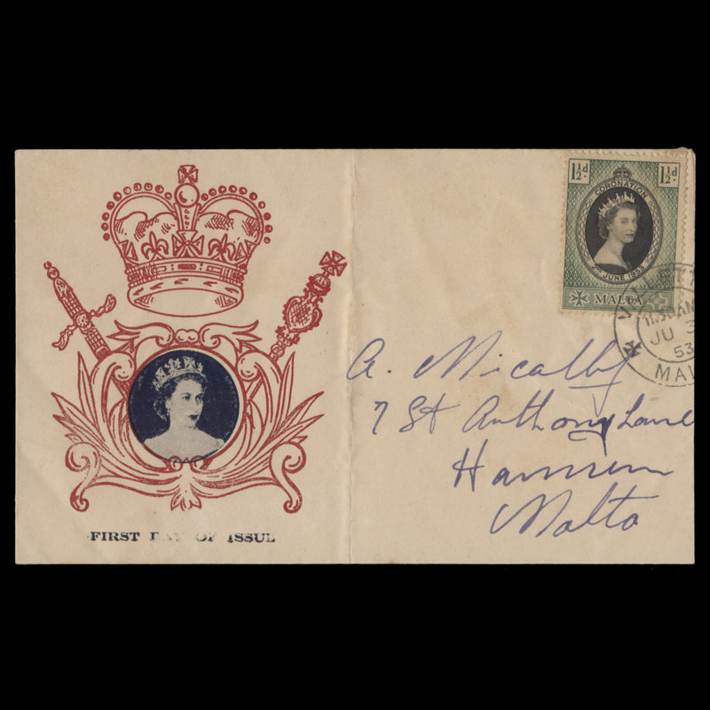 Malta 1953 (FDC) 1½d Coronation, VALLETTA