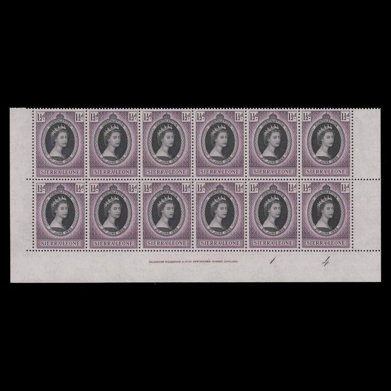 Sierra Leone 1953 (MNH) 1½d Coronation imprint/plate 1–4 block