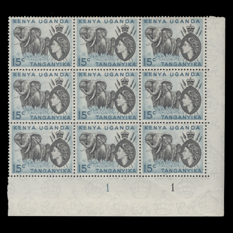 Kenya Uganda Tanganyika 1958 (MNH) 15c Elephants plate 1–1 block