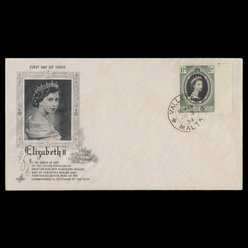 Malta 1953 (FDC) 1½d Coronation, VALLETTA