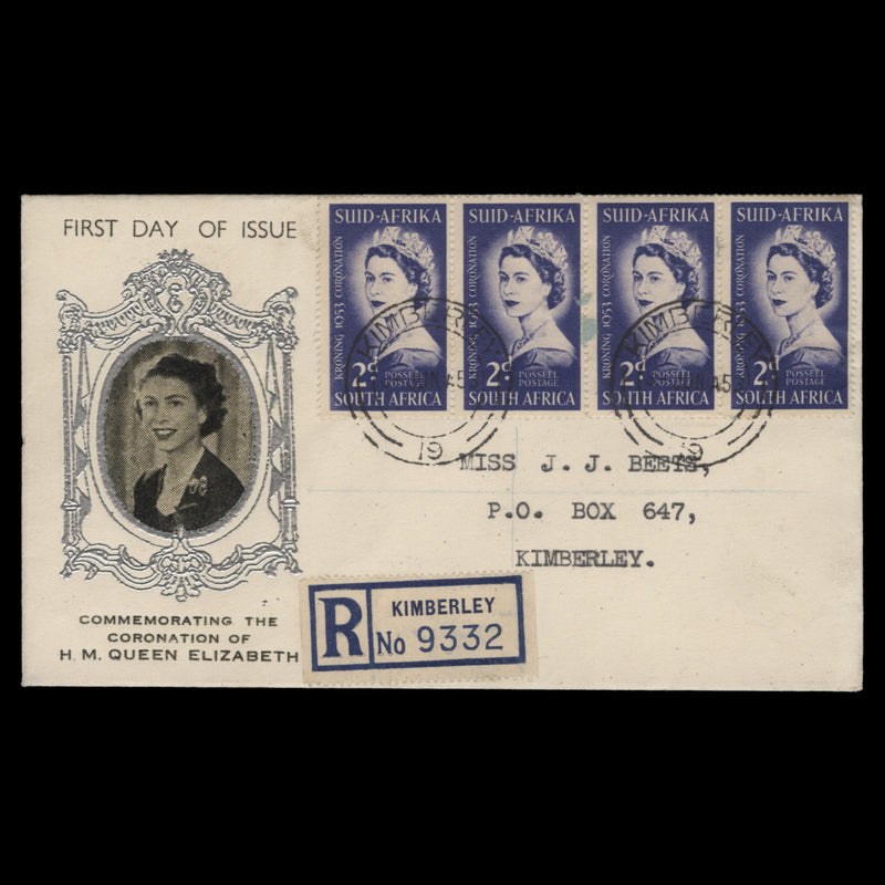 South Africa 1953 (FDC) 2d Coronation strip, KIMBERLEY