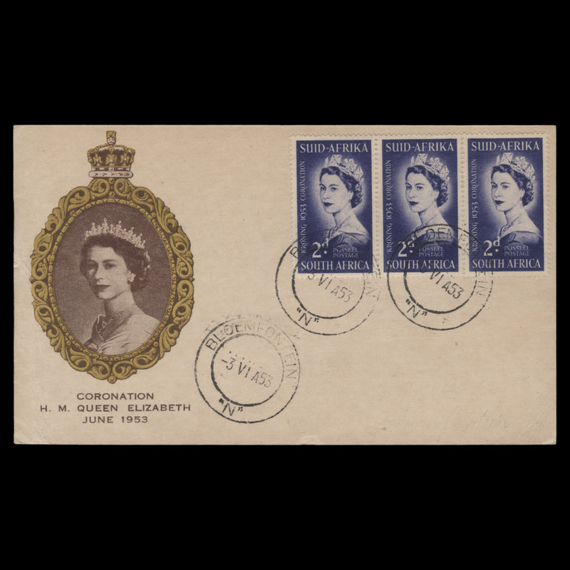 South Africa 1953 (FDC) 2d Coronation strip, BLOEMFONTEIN