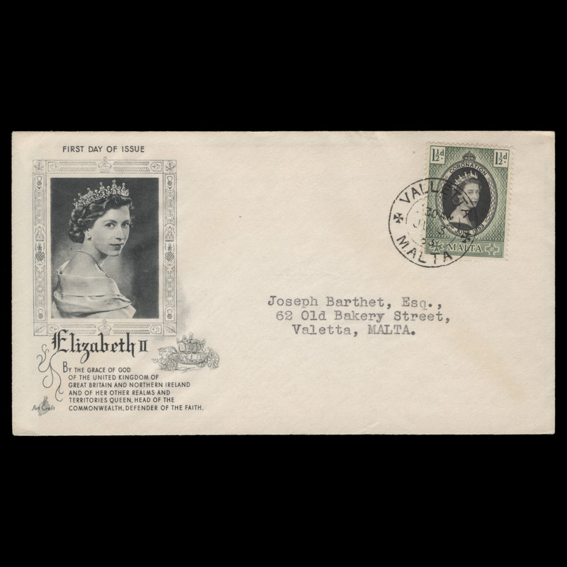 Malta 1953 (FDC) 1½d Coronation, VALLETTA