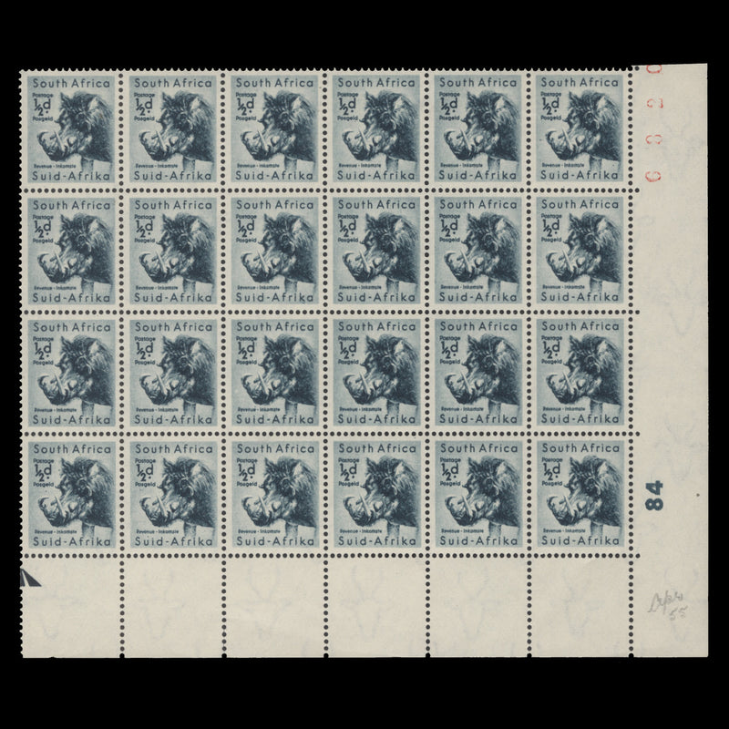 South Africa 1954 (MNH) ½d Warthog cylinder 84 block on white paper