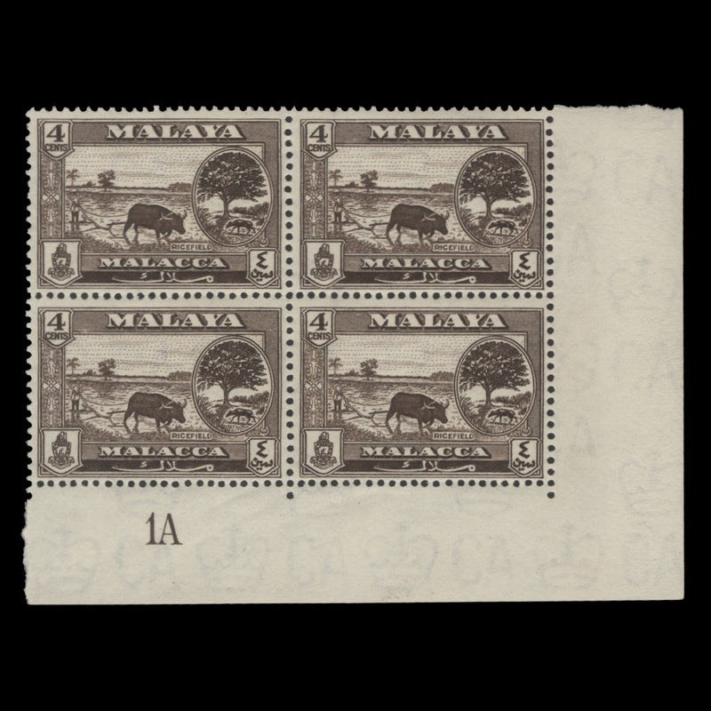 Malacca 1960 (MNH) 4c Ricefield plate 1A block