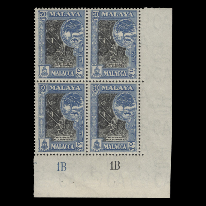 Malacca 1960 (MNH) 50c Aborigines with Blowpipes plate 1B–1B block