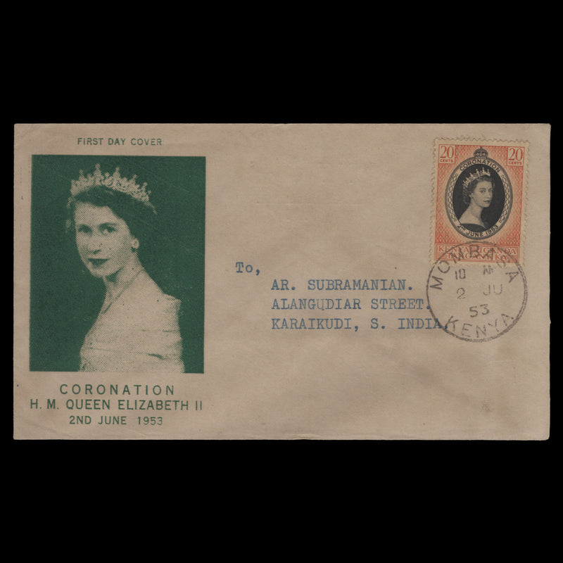 Kenya Uganda Tanganyika 1953 (FDC) 20c Coronation, MOMBASA