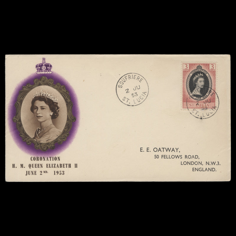 Saint Lucia 1953 (FDC) 3c Coronation, SOUFRIERE