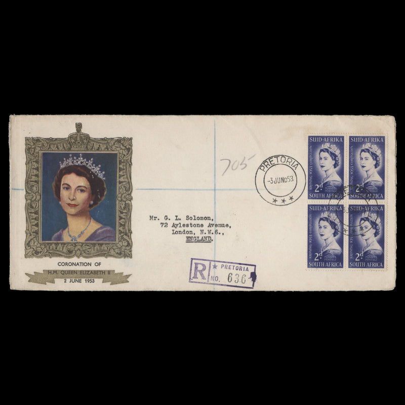 South Africa 1953 (FDC) 2d Coronation block, PRETORIA