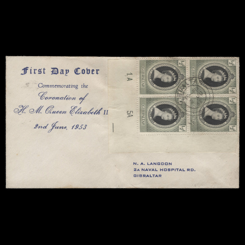 Gibraltar 1953 (FDC) ½d Coronation plate 1A–5A block