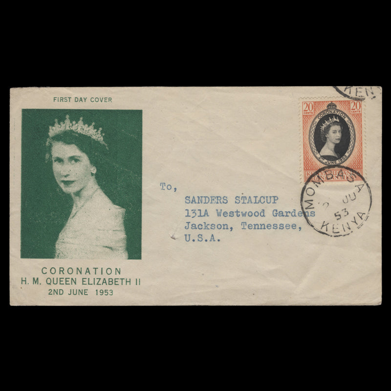 Kenya Uganda Tanganyika 1953 (FDC) 20c Coronation, MOMBASA