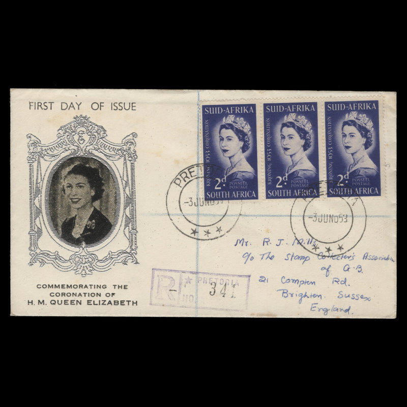 South Africa 1953 (FDC) 2d Coronation strip, PRETORIA