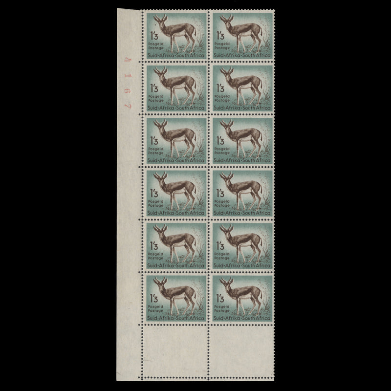 South Africa 1954 (MNH) 1s3d Springbok sheet number block