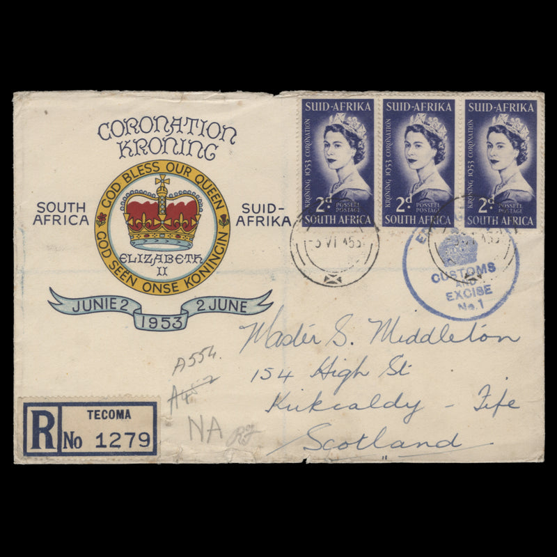 South Africa 1953 (FDC) 2d Coronation strip, TECOMA