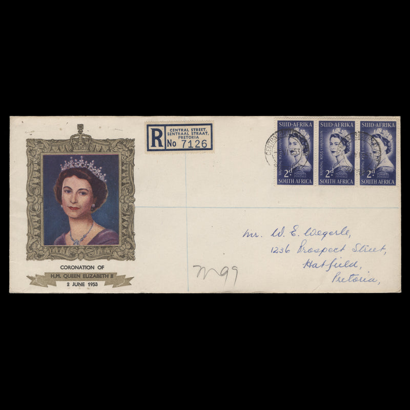 South Africa 1953 (FDC) 2d Coronation strip, CENTRAL STR