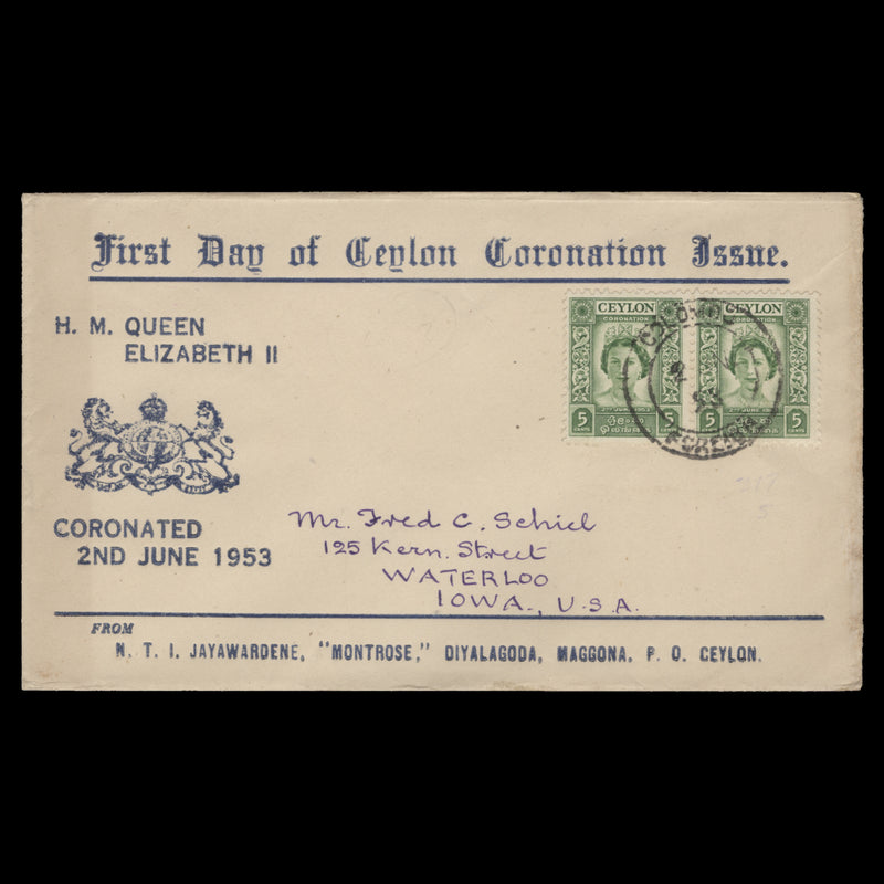 Ceylon 1953 (FDC) 5c Coronation pair, COLOMBO