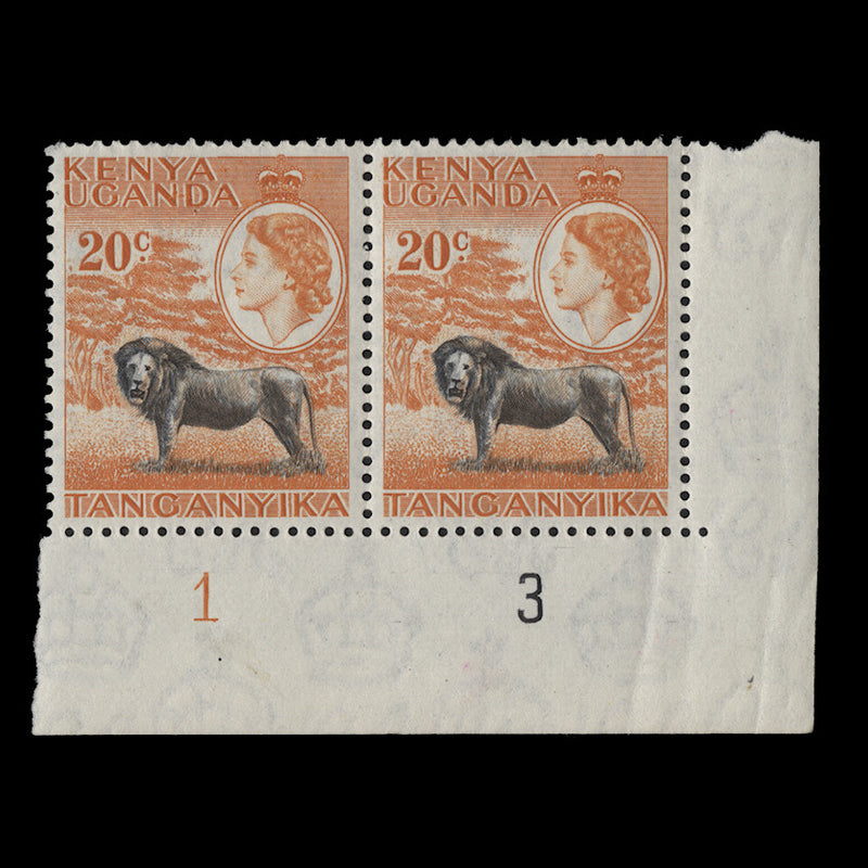 Kenya Uganda Tanganyika 1954 (MLH) 20c Lion plate 1–3 pair