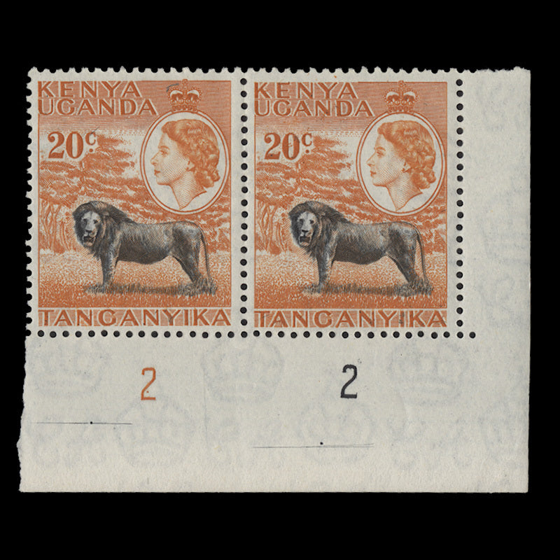 Kenya Uganda Tanganyika 1954 (MLH) 20c Lion plate 2–2 pair